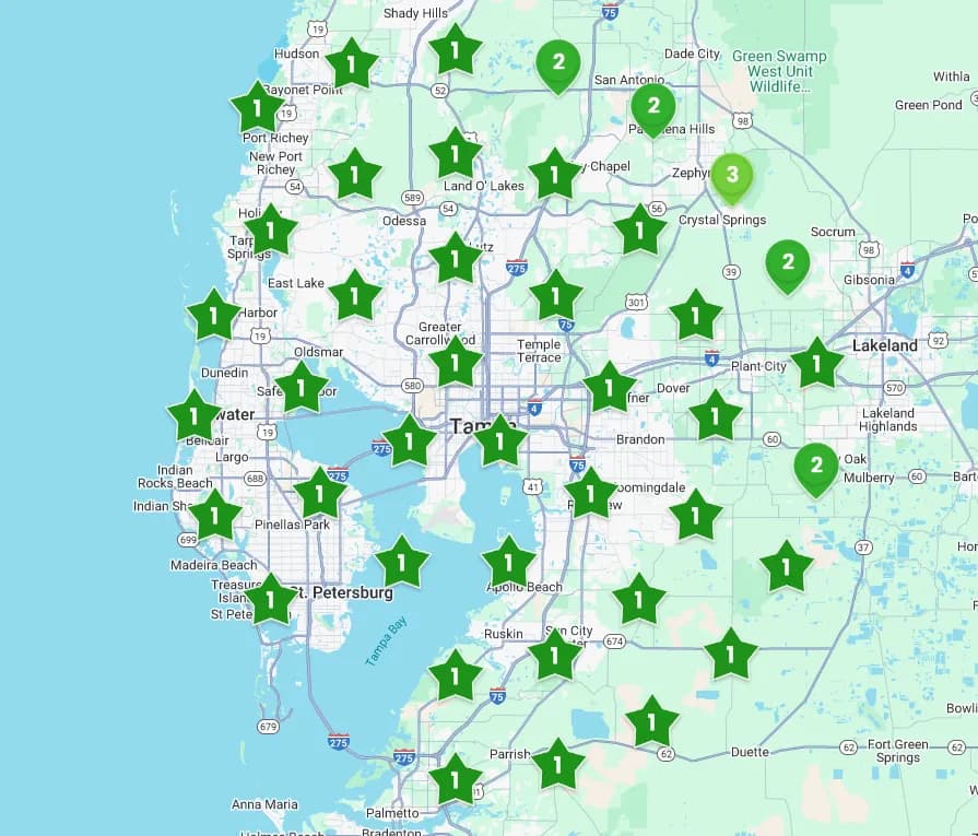 Map of Tampa Bay area with green star icons, indicating locations with varying numbers.