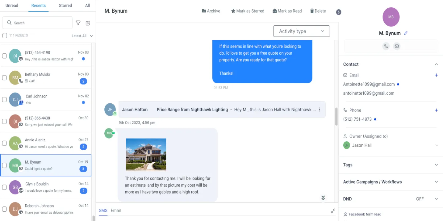 CRM conversation view with automated texts and emails to new leads