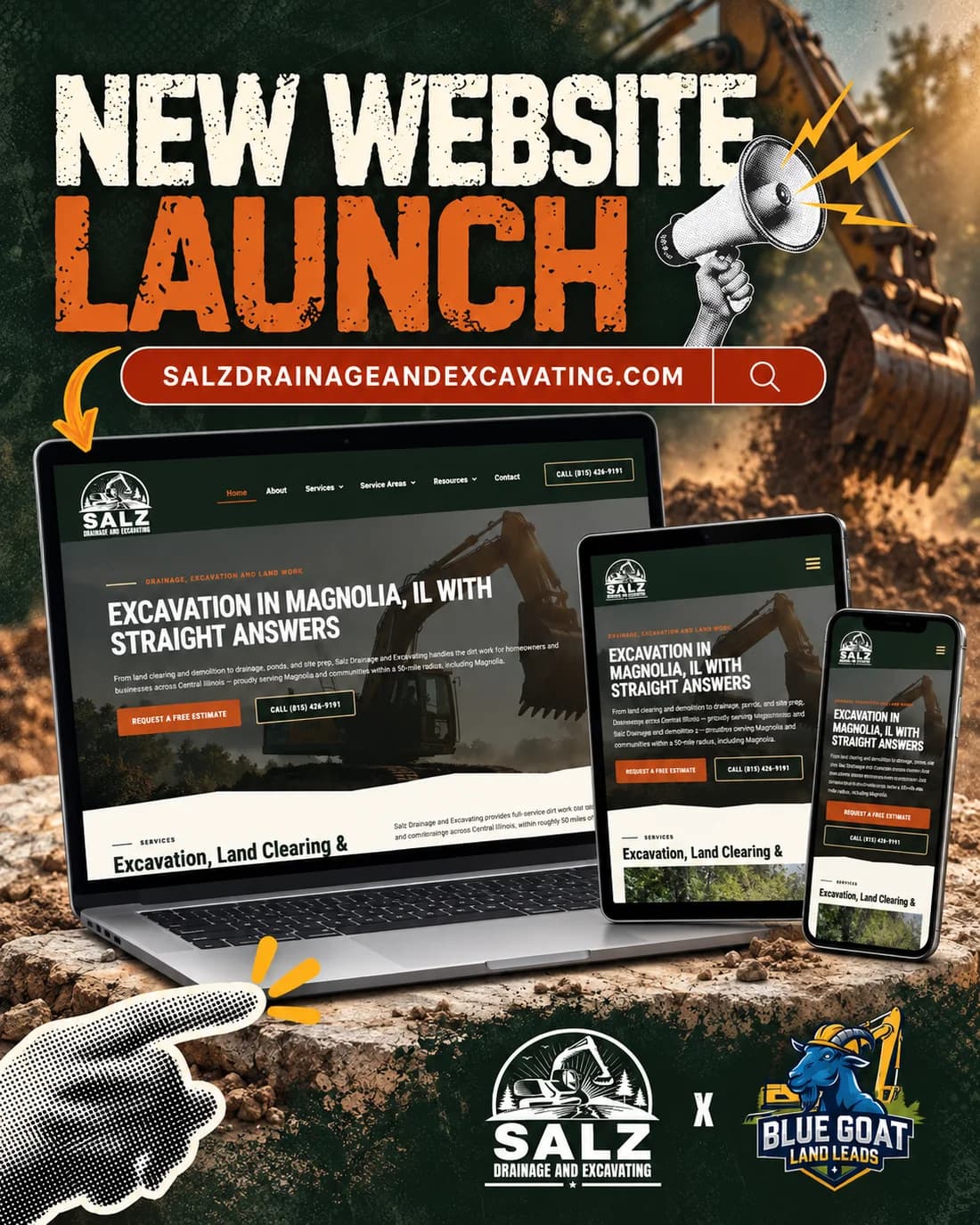 New website launch for Salz Drainage and Excavating, shown on a laptop, tablet and phone