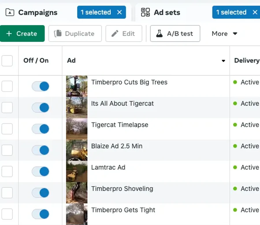 Facebook Ads Manager showing contractor lead campaigns