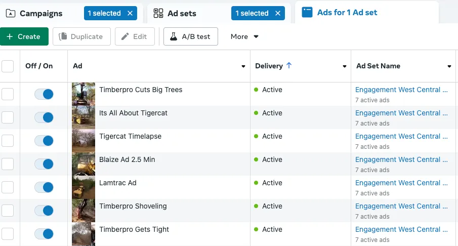 Facebook Ads Manager showing contractor lead campaigns