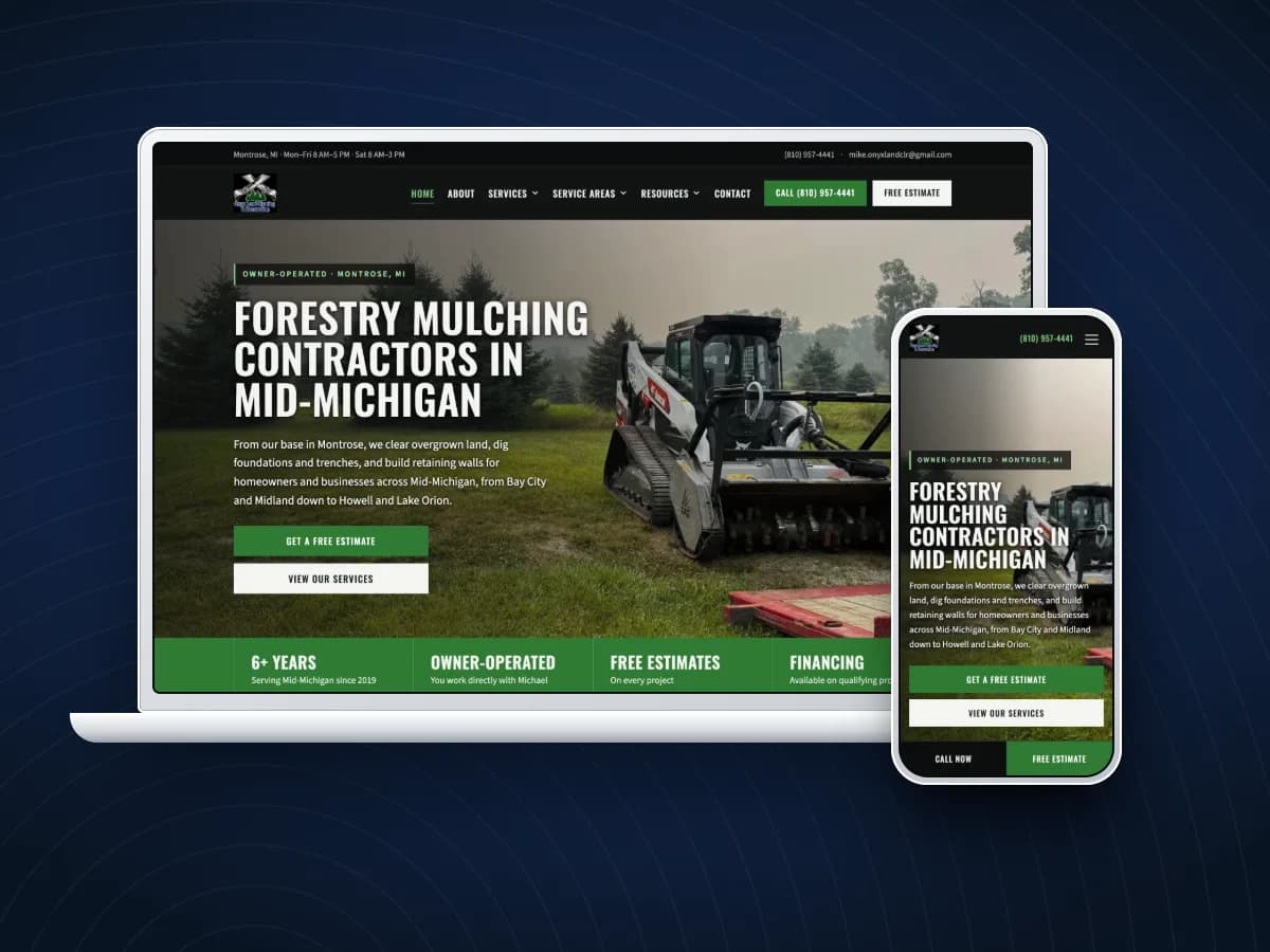 Onyx Land Clearing website on a laptop and phone