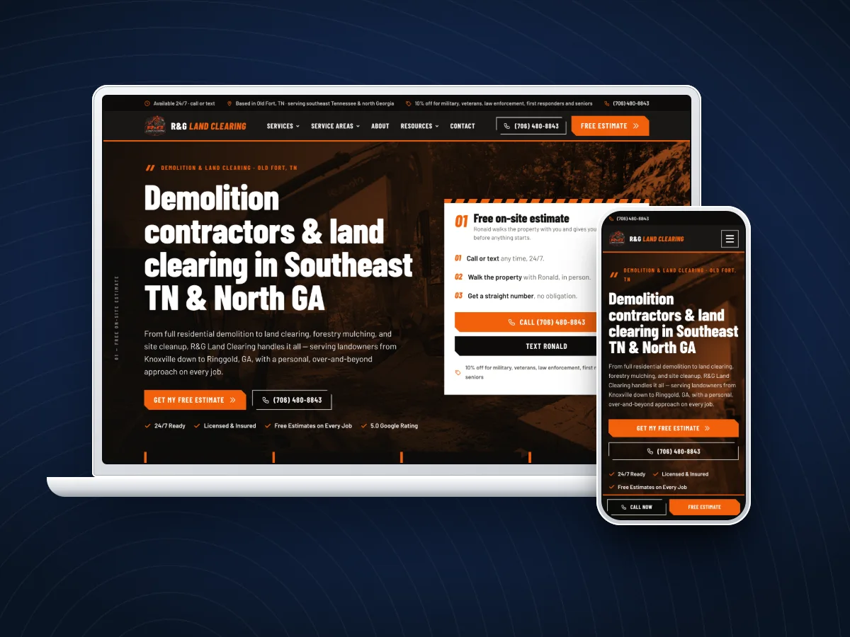 R&G Land Clearing website on a laptop and phone