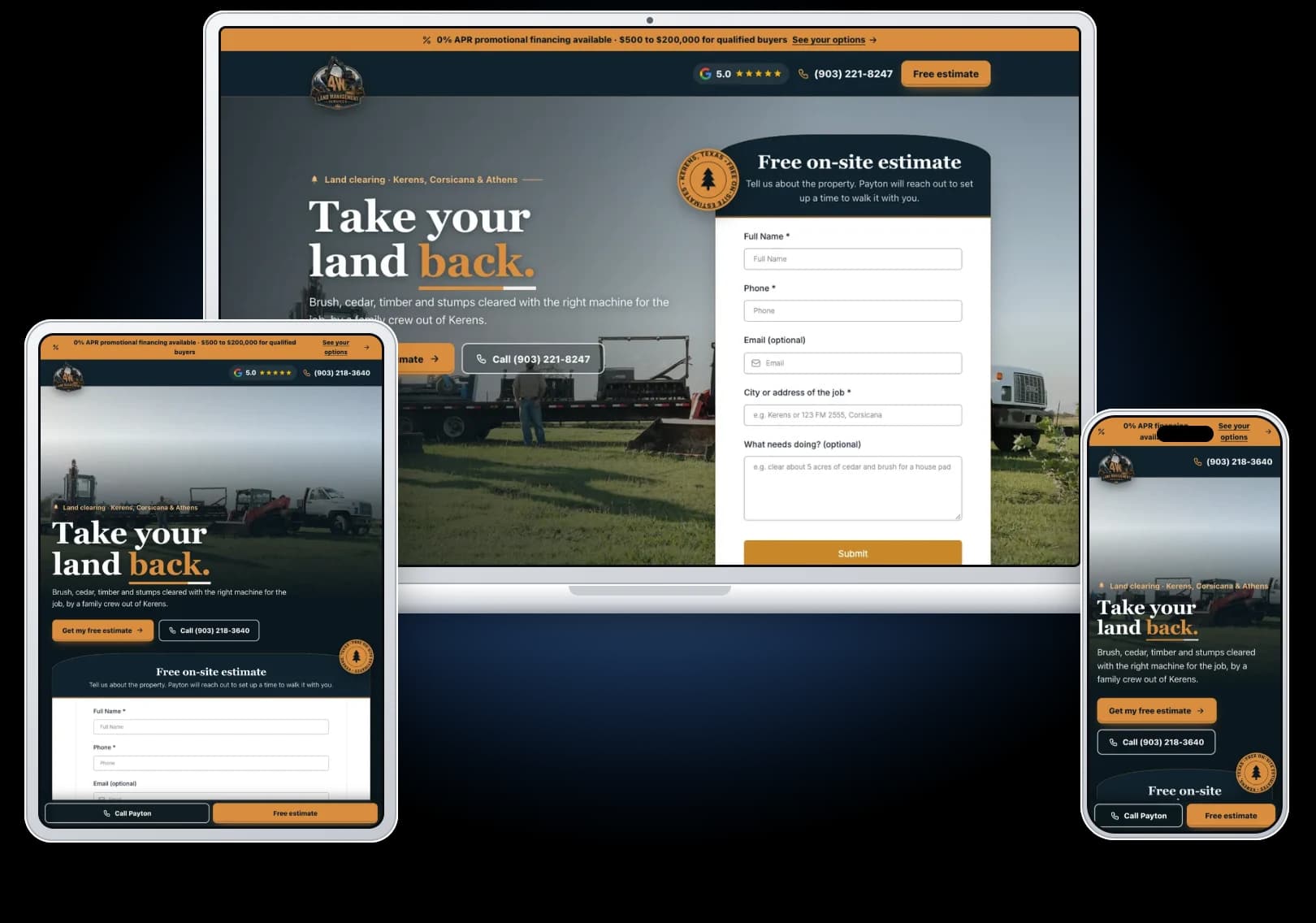 A land clearing website we built, shown on a laptop, tablet and phone