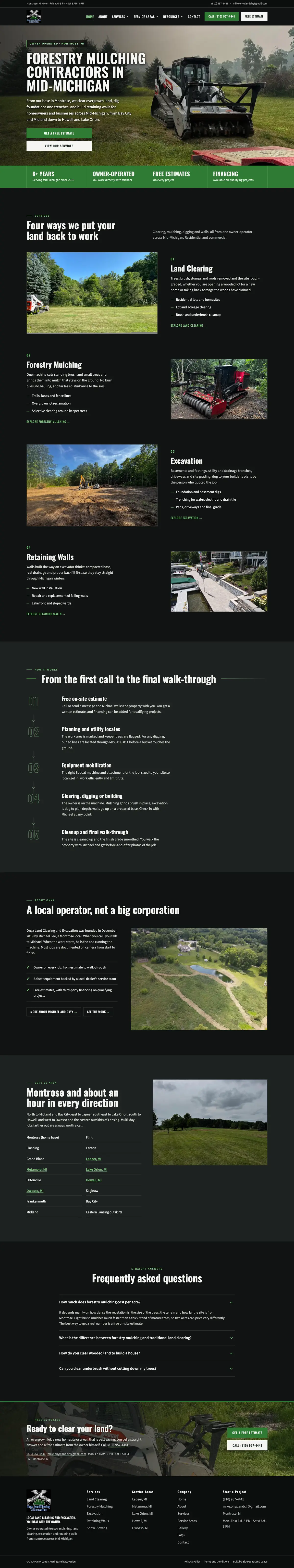 Full Onyx Land Clearing homepage on desktop